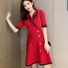 Load image into Gallery viewer, 2021 Summer Women Short Sleeve Double-breasted A-Line Knitting Dress Office Ladies Casual Mini Dress