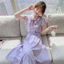 Load image into Gallery viewer, 2021 Summer Women Two Piece Set Elegant Chiffon Ruffles Bow Tie Shirt Top + High Waist Big Swing Long Skirt Outfit