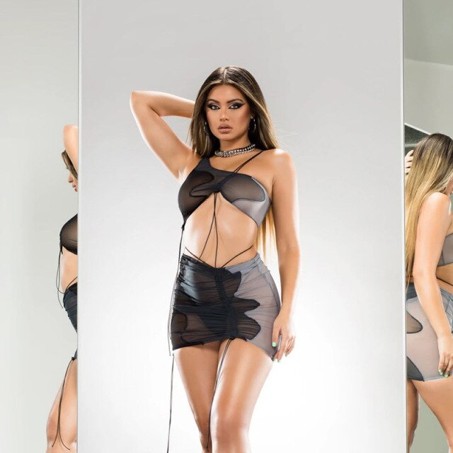 2021 Summer Women's Dress Sets Printed Sleeveless Mesh Short Skirt Suits Crop Tops Drawstring 2 Piece Set Sexy Bodycon Suits