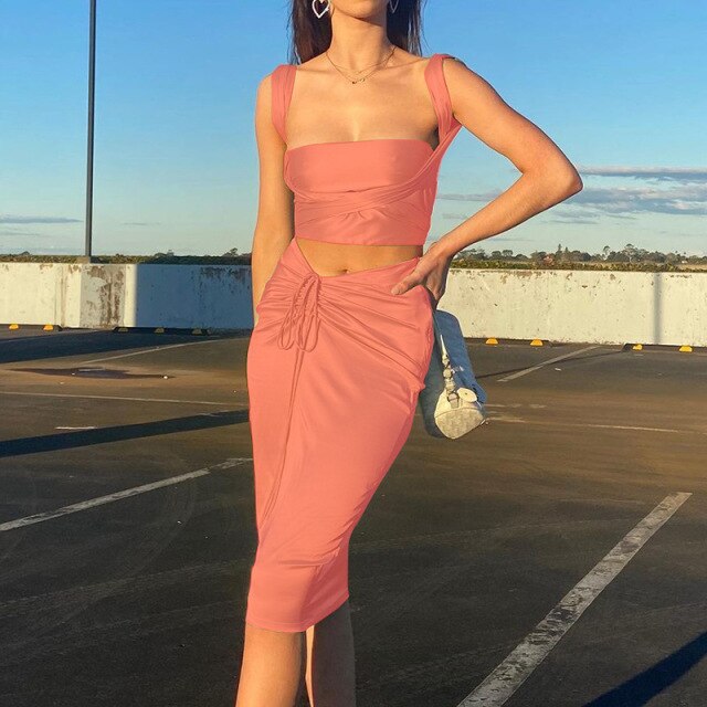 2021 Summer Women's Dress Suits Vest Lace-Up Crop Top Robe Midi Dress Sexy 2 Piece Set Women's Skirt Dress Sets Bodycon Outfits