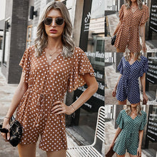 Load image into Gallery viewer, 2021 Summer Women&#39;s Fashion Casual Polka Dot Deep V Neck Short Sleeve Tunic Empire Lace Up Playsuits Ladies Basic Loose Straight