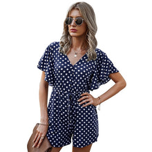 Load image into Gallery viewer, 2021 Summer Women&#39;s Fashion Casual Polka Dot Deep V Neck Short Sleeve Tunic Empire Lace Up Playsuits Ladies Basic Loose Straight