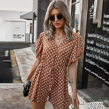 Load image into Gallery viewer, 2021 Summer Women&#39;s Fashion Casual Polka Dot Deep V Neck Short Sleeve Tunic Empire Lace Up Playsuits Ladies Basic Loose Straight