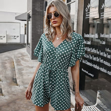 Load image into Gallery viewer, 2021 Summer Women&#39;s Fashion Casual Polka Dot Deep V Neck Short Sleeve Tunic Empire Lace Up Playsuits Ladies Basic Loose Straight