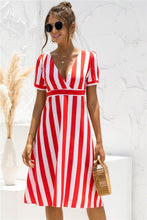 Load image into Gallery viewer, 2021 Summer Women&#39;s Fashion Casual Stripe Deep V Neck Patchwork Short Sleeve Zippers A Line Knee Lenght Dress Ladies Basic Slim