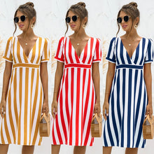 Load image into Gallery viewer, 2021 Summer Women&#39;s Fashion Casual Stripe Deep V Neck Patchwork Short Sleeve Zippers A Line Knee Lenght Dress Ladies Basic Slim