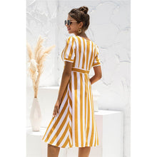 Load image into Gallery viewer, 2021 Summer Women&#39;s Fashion Casual Stripe Deep V Neck Patchwork Short Sleeve Zippers A Line Knee Lenght Dress Ladies Basic Slim