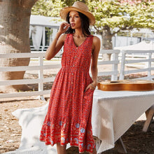 Load image into Gallery viewer, 2021 Summer Women&#39;s Fashion Sexy Floral Print V Neck Spaghetti Straps Sleeveless Buttons Tunic Empire Mid Calf Dress Lady Basic