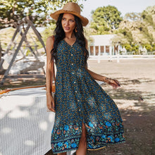 Load image into Gallery viewer, 2021 Summer Women&#39;s Fashion Sexy Floral Print V Neck Spaghetti Straps Sleeveless Buttons Tunic Empire Mid Calf Dress Lady Basic