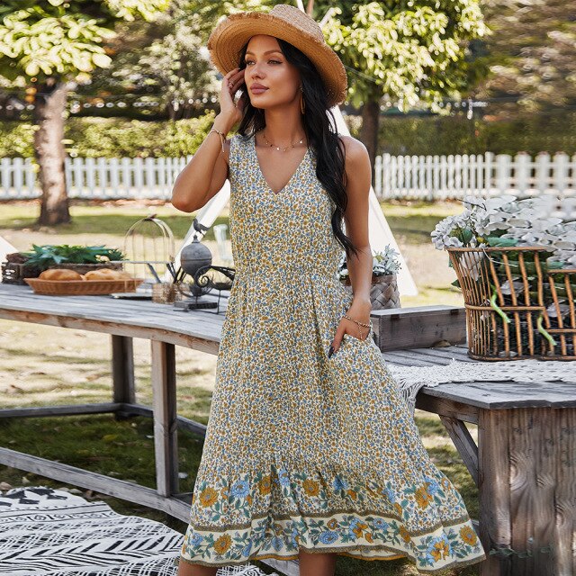 2021 Summer Women's Fashion Sexy Floral Print V Neck Spaghetti Straps Sleeveless Buttons Tunic Empire Mid Calf Dress Lady Basic