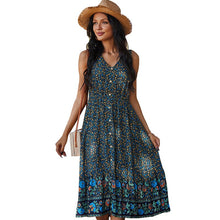 Load image into Gallery viewer, 2021 Summer Women&#39;s Fashion Sexy Floral Print V Neck Spaghetti Straps Sleeveless Buttons Tunic Empire Mid Calf Dress Lady Basic
