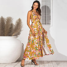 Load image into Gallery viewer, 2021 Summer Women&#39;s Fashion Sexy Print  Spaghetti Straps Deep V Neck Backless Sleeveless Zippers Split Foor Lenght Dress Ladies