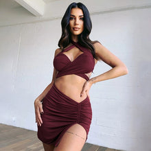 Load image into Gallery viewer, 2021 Summer Women&#39;s New Style Bowknot Cross-Tie Cropped Top with Oblique Split Short Skirt Set