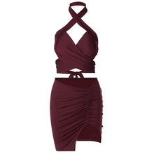 Load image into Gallery viewer, 2021 Summer Women&#39;s New Style Bowknot Cross-Tie Cropped Top with Oblique Split Short Skirt Set