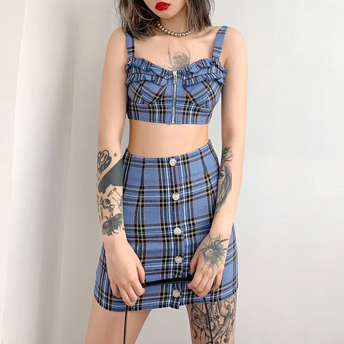 2021 Summer Women's New Style Plaid Sling Zipper Cardigan Bag Hip Skirt Two-Piece Suit