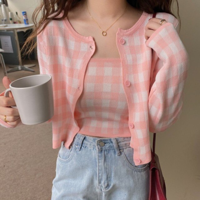 2021 Summer Women's Plaid Knitted Women's Sweet Single-Breasted Cardigan Top and Sexy Vest Ladies Two Piece Set