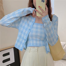 Load image into Gallery viewer, 2021 Summer Women&#39;s Plaid Knitted Women&#39;s Sweet Single-Breasted Cardigan Top and Sexy Vest Ladies Two Piece Set