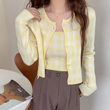 Load image into Gallery viewer, 2021 Summer Women&#39;s Plaid Knitted Women&#39;s Sweet Single-Breasted Cardigan Top and Sexy Vest Ladies Two Piece Set
