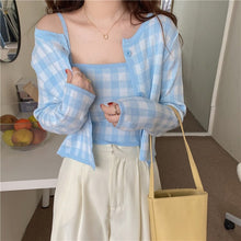 Load image into Gallery viewer, 2021 Summer Women&#39;s Plaid Knitted Women&#39;s Sweet Single-Breasted Cardigan Top and Sexy Vest Ladies Two Piece Set