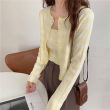Load image into Gallery viewer, 2021 Summer Women&#39;s Plaid Knitted Women&#39;s Sweet Single-Breasted Cardigan Top and Sexy Vest Ladies Two Piece Set