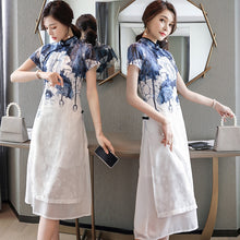 Load image into Gallery viewer, 2021 Summner Retro Floral Printed Women Dress Stand Collar Half Sleeve Improved Cheongsam Blue and white Ink Elegant Dress