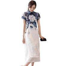 Load image into Gallery viewer, 2021 Summner Retro Floral Printed Women Dress Stand Collar Half Sleeve Improved Cheongsam Blue and white Ink Elegant Dress