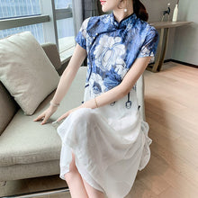 Load image into Gallery viewer, 2021 Summner Retro Floral Printed Women Dress Stand Collar Half Sleeve Improved Cheongsam Blue and white Ink Elegant Dress