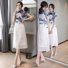 Load image into Gallery viewer, 2021 Summner Retro Floral Printed Women Dress Stand Collar Half Sleeve Improved Cheongsam Blue and white Ink Elegant Dress