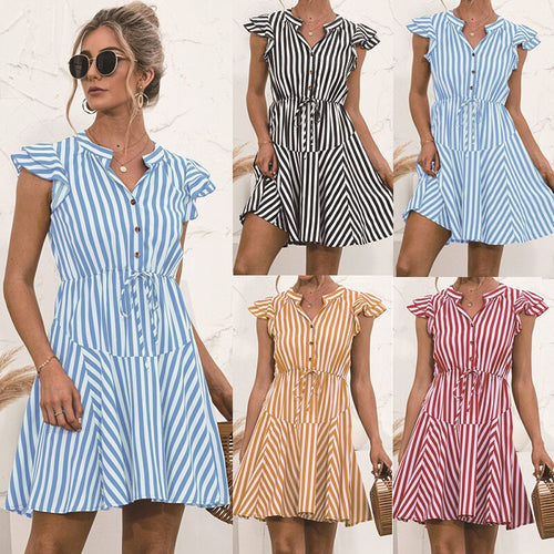 2021 Sunner New Women's Fashion Sexy Stripe V Neck Buttons Lace Up Flying Sleeve Tunic Empire A Line Mini Dress Lady Basic Slim