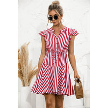 Load image into Gallery viewer, 2021 Sunner New Women&#39;s Fashion Sexy Stripe V Neck Buttons Lace Up Flying Sleeve Tunic Empire A Line Mini Dress Lady Basic Slim