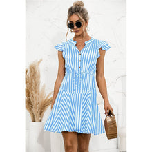 Load image into Gallery viewer, 2021 Sunner New Women&#39;s Fashion Sexy Stripe V Neck Buttons Lace Up Flying Sleeve Tunic Empire A Line Mini Dress Lady Basic Slim