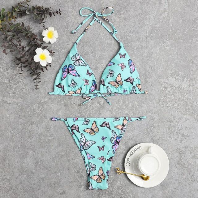 2021 Swimsuit Butterfly Printing Wearing Rope Ladies Split Bikini Swimsuit Women 2 Pieces