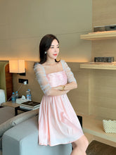 Load image into Gallery viewer, 2021 Temperament Square Collar Mesh Puff Sleeve Patchwork Chiffon Pink Dress Retro Women Sweet Ruched Mini Vestidos Female