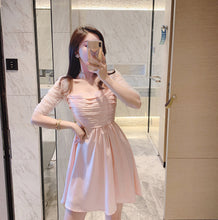 Load image into Gallery viewer, 2021 Temperament Square Collar Mesh Puff Sleeve Patchwork Chiffon Pink Dress Retro Women Sweet Ruched Mini Vestidos Female