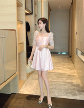 Load image into Gallery viewer, 2021 Temperament Square Collar Mesh Puff Sleeve Patchwork Chiffon Pink Dress Retro Women Sweet Ruched Mini Vestidos Female