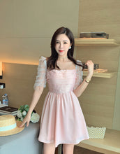 Load image into Gallery viewer, 2021 Temperament Square Collar Mesh Puff Sleeve Patchwork Chiffon Pink Dress Retro Women Sweet Ruched Mini Vestidos Female