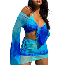 Load image into Gallery viewer, 2021 Trendy Women Sexy Tie-dye Print 2 Piece Set Long Sleeve V Neck Crop Top+Skinny Mini Skirt Bikini Cover Up Beach Outfit Suit