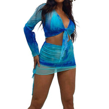 Load image into Gallery viewer, 2021 Trendy Women Sexy Tie-dye Print 2 Piece Set Long Sleeve V Neck Crop Top+Skinny Mini Skirt Bikini Cover Up Beach Outfit Suit