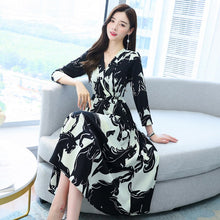 Load image into Gallery viewer, 2021 V-Neck High Waist Plus Size Fashion Midi Dress Women Autumn Long Sleeve Print Korean Style Casual Dresses Female Vestidos