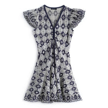 Load image into Gallery viewer, 2021 V-Neck Lace Hollow Out Fly Sleeves Mini Dress Female Summer High Waist Slim Party Dresses For Women Bodycon Clothes