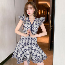 Load image into Gallery viewer, 2021 V-Neck Lace Hollow Out Fly Sleeves Mini Dress Female Summer High Waist Slim Party Dresses For Women Bodycon Clothes