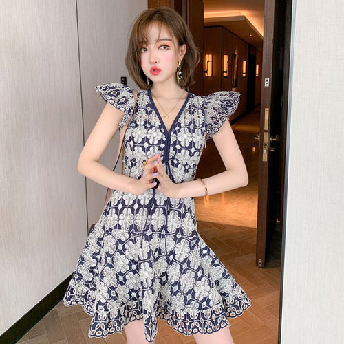 2021 V-Neck Lace Hollow Out Fly Sleeves Mini Dress Female Summer High Waist Slim Party Dresses For Women Bodycon Clothes
