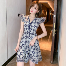 Load image into Gallery viewer, 2021 V-Neck Lace Hollow Out Fly Sleeves Mini Dress Female Summer High Waist Slim Party Dresses For Women Bodycon Clothes