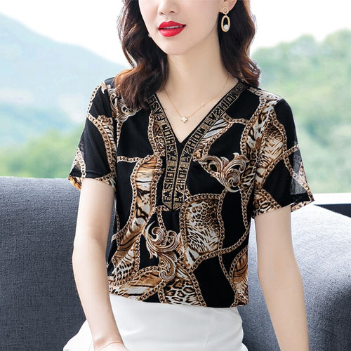 2021 Vintage Short Sleeve Blouse Women Fashion Elegant Black Print Tops Lady Plus Size Blouses Female Beading Shirt Ladies