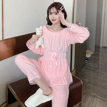 Load image into Gallery viewer, 2021 Winter Cute Lace Bow Long Sleeve Thick Warm Flannel Pajama Sets for Women Coral Velvet Sleepwear Suit Homewear Home Clothes