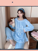Load image into Gallery viewer, 2021 Winter Cute Lace Bow Long Sleeve Thick Warm Flannel Pajama Sets for Women Coral Velvet Sleepwear Suit Homewear Home Clothes