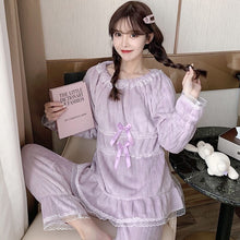 Load image into Gallery viewer, 2021 Winter Cute Lace Bow Long Sleeve Thick Warm Flannel Pajama Sets for Women Coral Velvet Sleepwear Suit Homewear Home Clothes