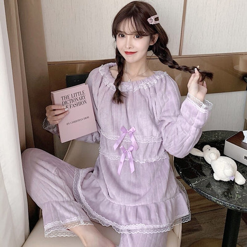 2021 Winter Cute Lace Bow Long Sleeve Thick Warm Flannel Pajama Sets for Women Coral Velvet Sleepwear Suit Homewear Home Clothes
