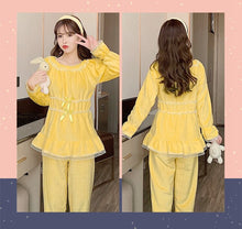 Load image into Gallery viewer, 2021 Winter Cute Lace Bow Long Sleeve Thick Warm Flannel Pajama Sets for Women Coral Velvet Sleepwear Suit Homewear Home Clothes