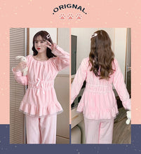 Load image into Gallery viewer, 2021 Winter Cute Lace Bow Long Sleeve Thick Warm Flannel Pajama Sets for Women Coral Velvet Sleepwear Suit Homewear Home Clothes